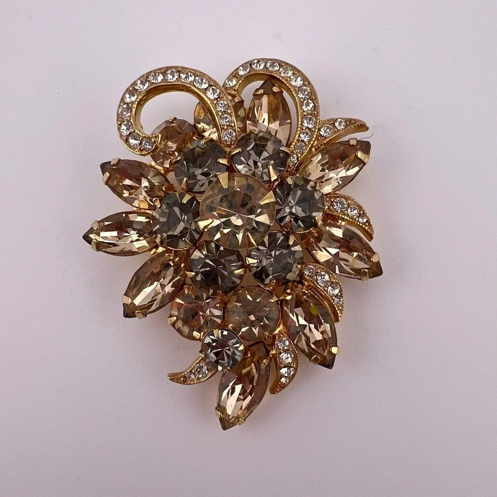 Eisenberg ICE Rhinestone Brooch Gold Tone Vintage Statement Pin 2 1/4